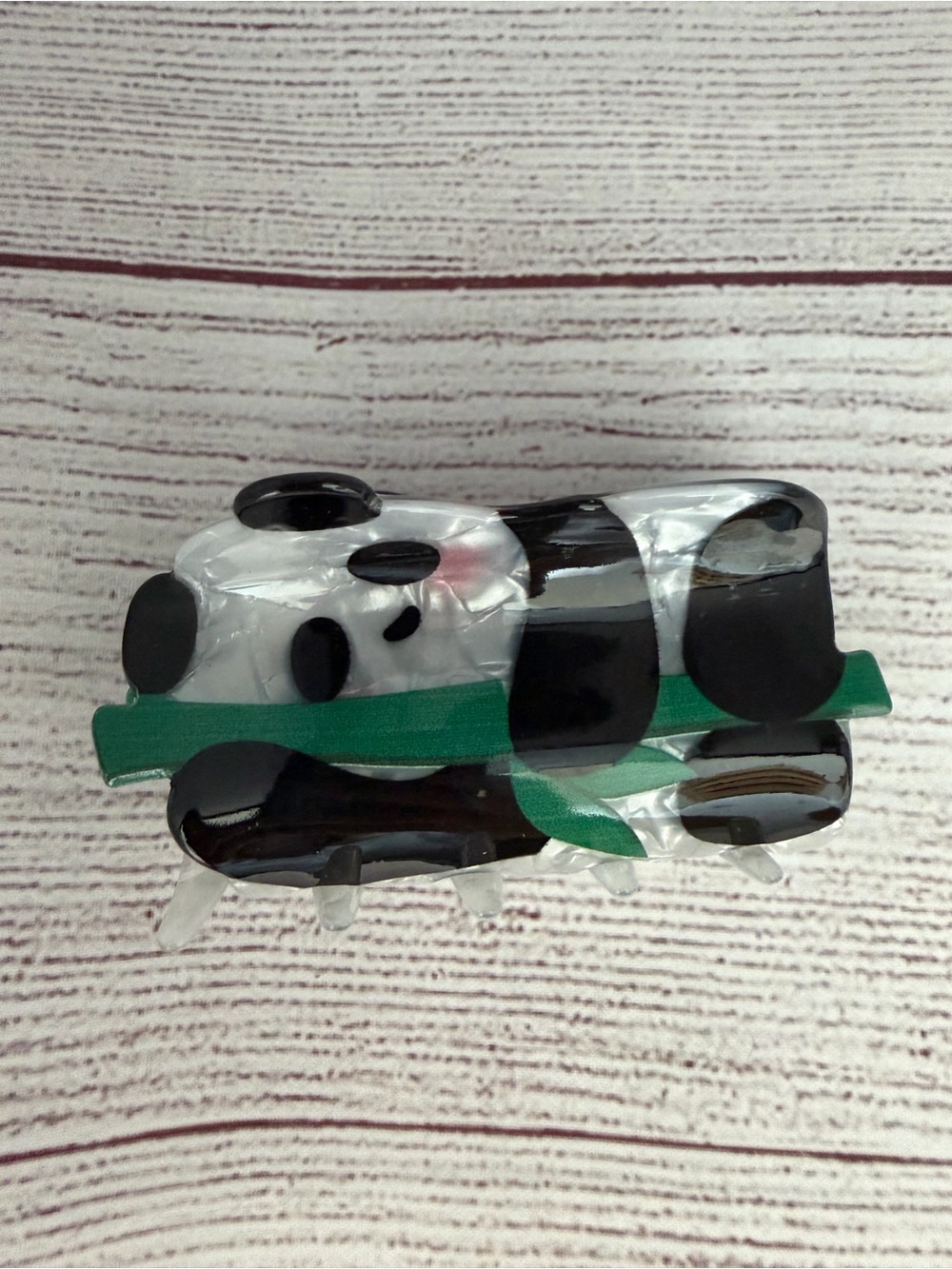 Black & White Panda Kids Hair Clip with Green Bamboo Accent